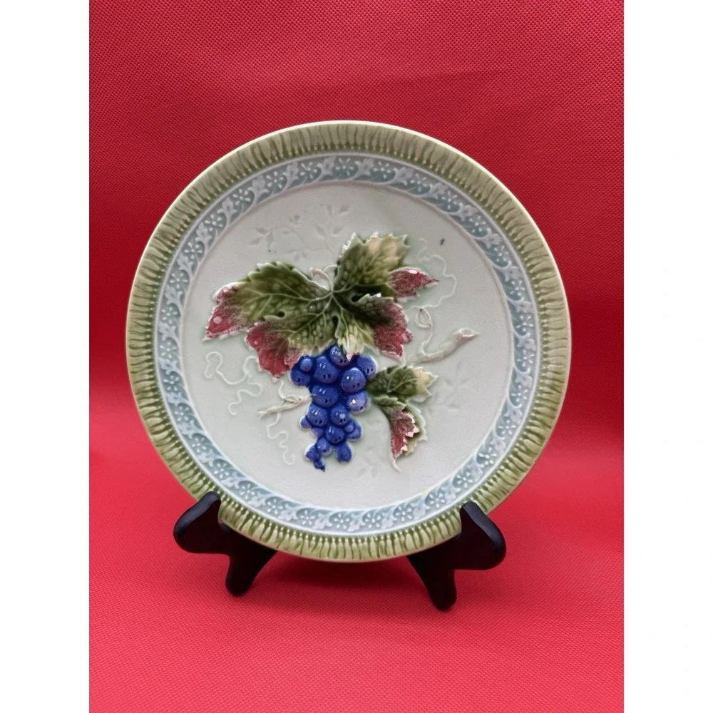 6 Vintage Erphila Germany Black Forest Art Pottery Majolica Grapes Plates 7.75
